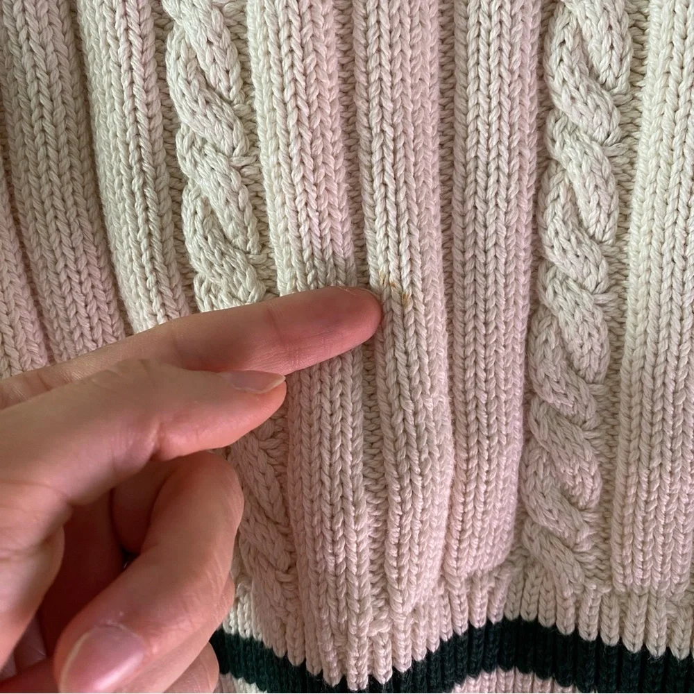 J. Crew Cream Cable-Knit V-Neck Sweater with Navy & Forest Stripes
